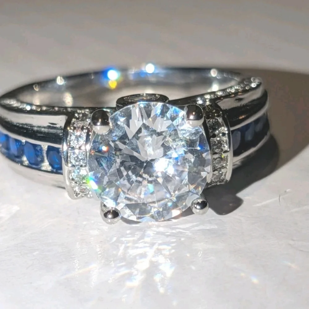 3Ct Round Cut Lab Created Diamond Sapphire Engagement Ring 14K White Gold Plated